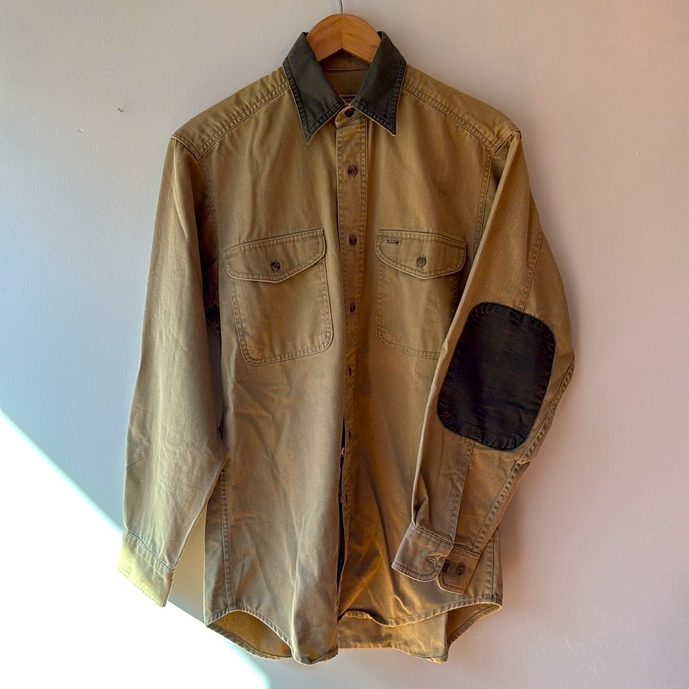 Vintage Woolrich Tan Button up with Green Elbow Patches